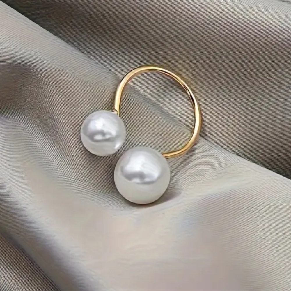 Cuff Ring Faux Pearl Ring Silver and Gold Tone - Picture 3 of 5